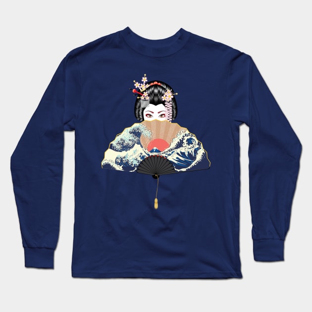 The Great Wave off Kanagawa fan and geisha Long Sleeve T-Shirt by AnnArtshock